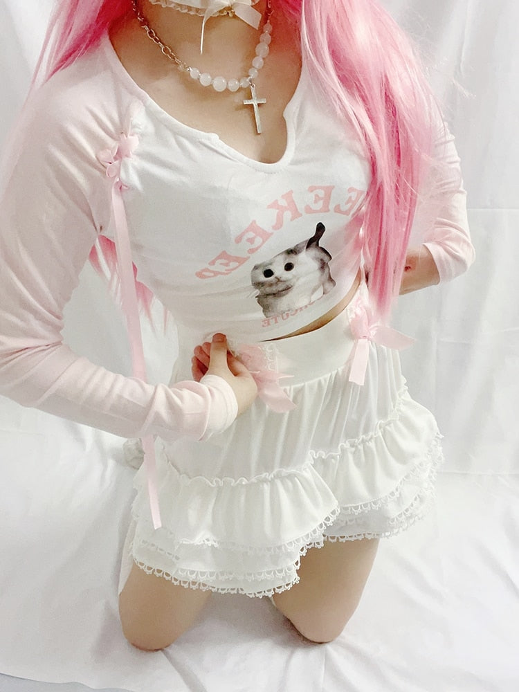 Pink Kitten Long Sleeve Crop Top