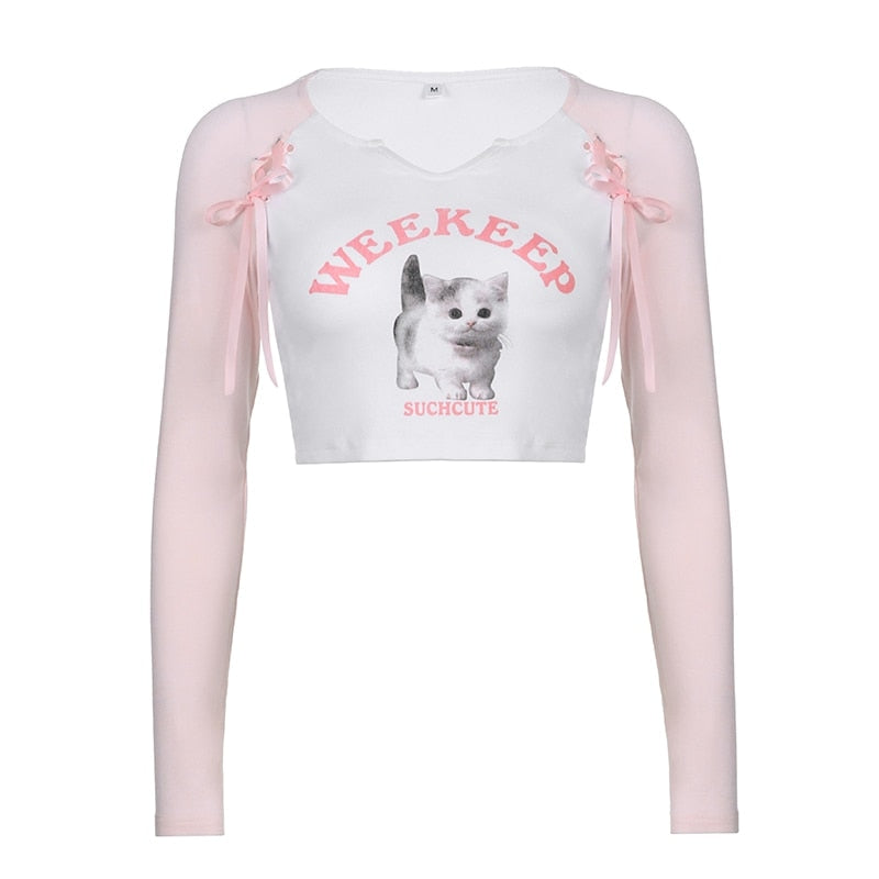 Pink Kitten Long Sleeve Crop Top