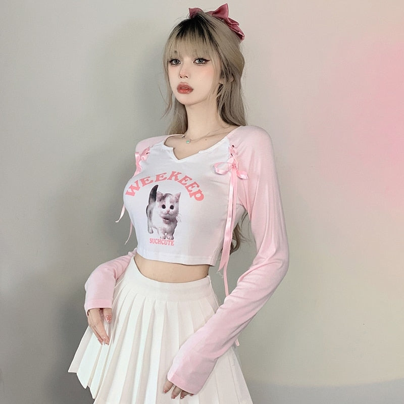 Pink Kitten Long Sleeve Crop Top