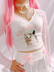 Pink Kitten Long Sleeve Crop Top