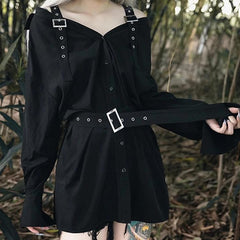 'Damnation' Black Alt Grunge Belted Shirt Dress