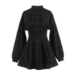 'Reap your Sorrow' Black and Grey Plaid Long Puff Sleeved Dress