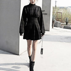 'Reap your Sorrow' Black and Grey Plaid Long Puff Sleeved Dress