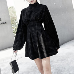 'Reap your Sorrow' Black and Grey Plaid Long Puff Sleeved Dress