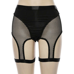'Kiss of Death' Black High Waist Mesh Fishnet Suspender Garter Shorts