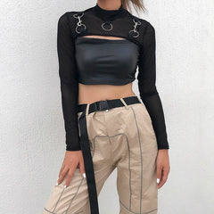 'Spike' Ring Turtleneck Mesh Top