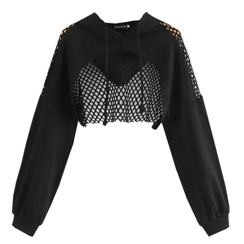 'Doomed' Black Alt Mesh Cropped Hoodie