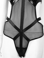 'Meet the Creeper' wet look mesh harness bodysuit