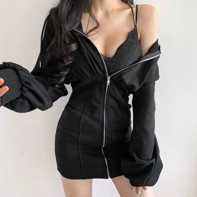 'Dangerous' Black Alt Grunge V Neck Hoodie