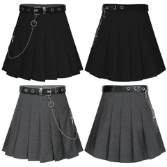 'Onyx' Black/Grey Grunge Chain Belt Pleated Skirt