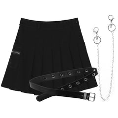 'Onyx' Black/Grey Grunge Chain Belt Pleated Skirt