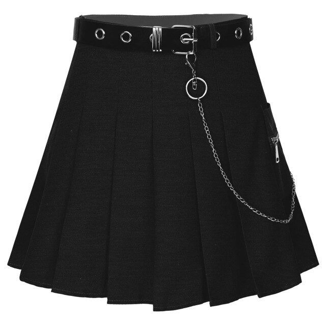 'Onyx' Black/Grey Grunge Chain Belt Pleated Skirt