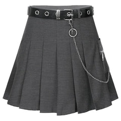 'Onyx' Black/Grey Grunge Chain Belt Pleated Skirt