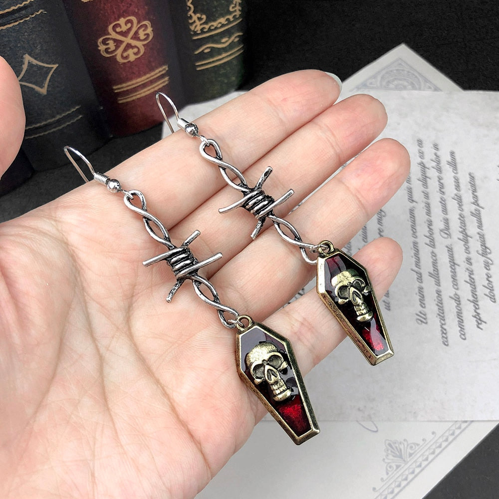 Barbed Wire Skull Coffin Earrings
