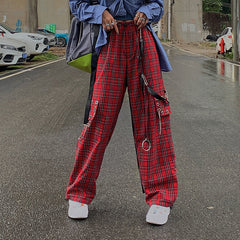 Goth 'Break Stuff' Red Grunge Plaid Cargo Pants