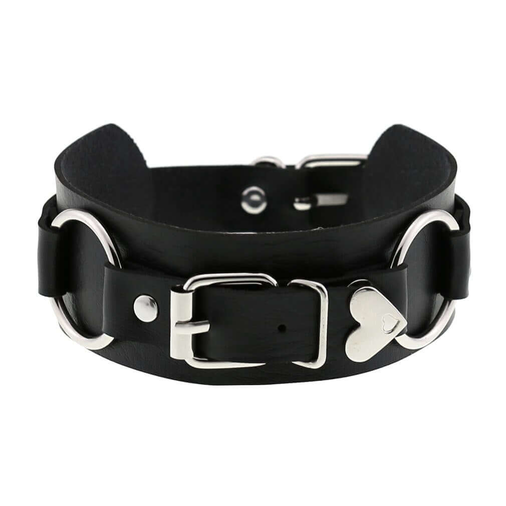 Goth 'All the Way' Heart Buckle Black or Blue PU Choker