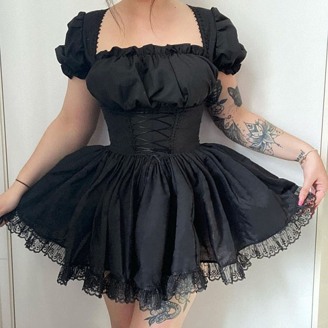 'Run Away' Black Puff Lace Dress