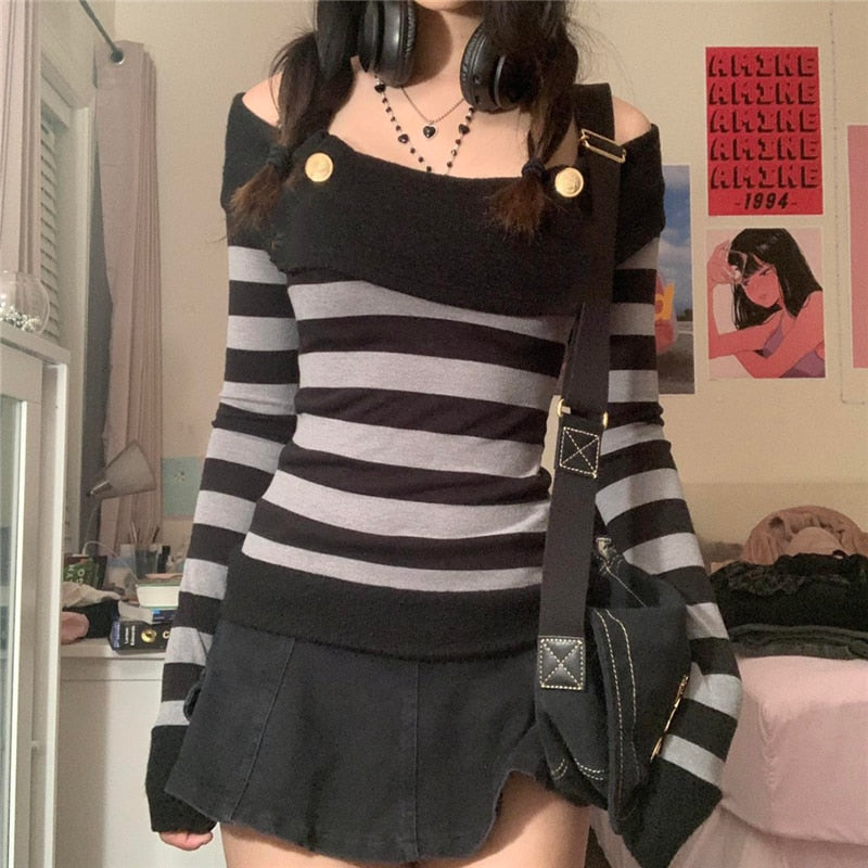 'Hometown' Grey Grunge Striped Long Sleeve Top
