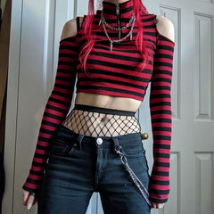 'Rouge' Red and Black Stripe Cold Shoulder Top