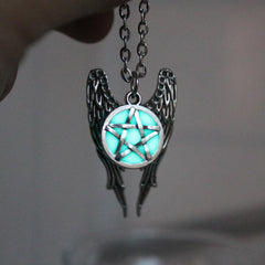 Pentagram Glow In The Dark Pentacle Angel Wings Pendant Necklace