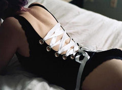 'Cursed' Black and White Bodysuit with Lace up Back