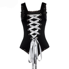 'Cursed' Black and White Bodysuit with Lace up Back