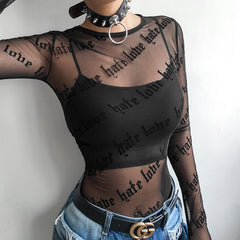 'Loves Me Not' Black Grunge Long Sleeve Mesh Top