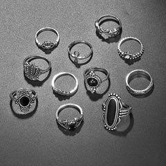'Draculina' Black Silver Alternative 11pcs Ring Set