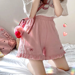 Ruffled Pink Bow High Waist Shorts