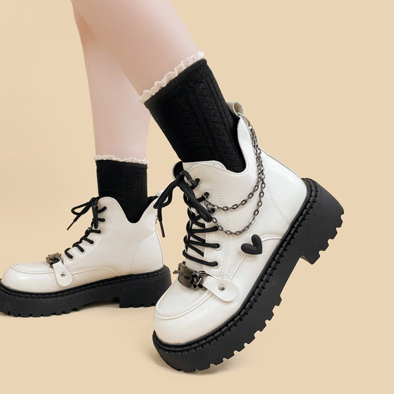 White Chained Ankle Moto Boots