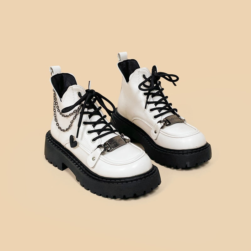 White Chained Ankle Moto Boots