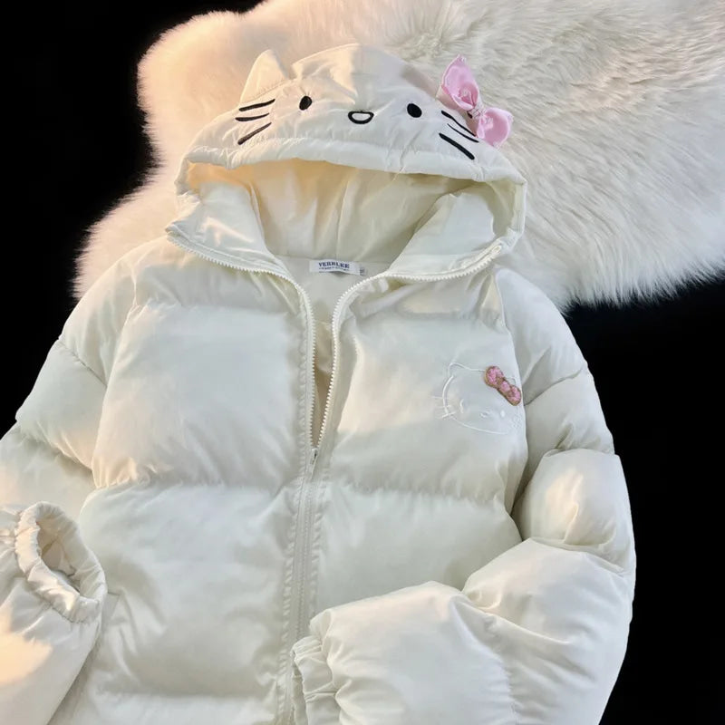 White Kitten Bomber Puffer Jacket